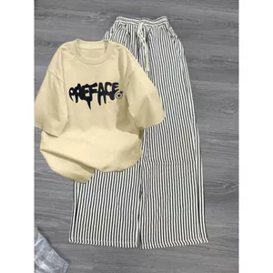 Bộ quần ống rộng kẻ sọc Chất Đũi Xốp+ và áo phông cotton dày dặn-3 ngôi sao