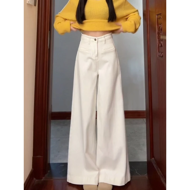 quần jean trắng ống rộng jean ống rộng Quần bò ống rộng màu trắng quần ống đứng ống đứng tôn dáng gầy không dính chân rộng rãi cạp cao mẫu mới mùa thu 2025 cho nữ