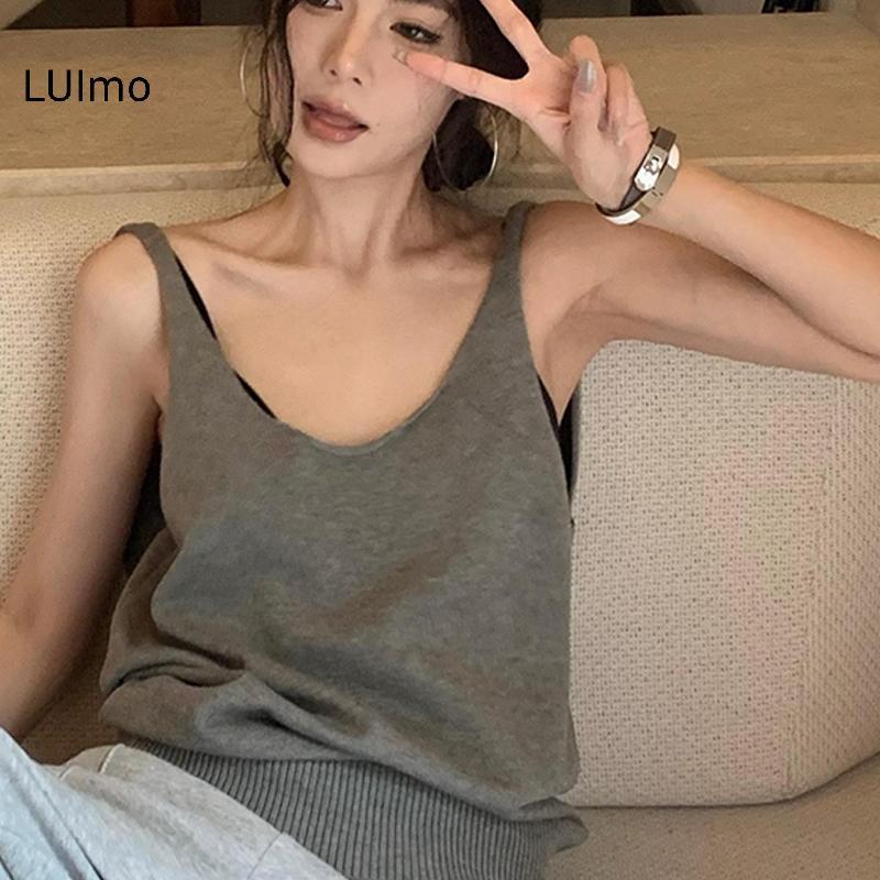 Camisole dệt kim cổ chữ V không tay màu cam dành cho nữ, phù hợp mùa hè