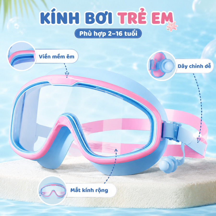Kính Đi Bơi Cho Bé Mắt Rộng, Kính Bơi Trẻ Em Dây Đeo Co Giãn, Phụ Kiện Bơi Lội Đi Biển Nhiều Màu