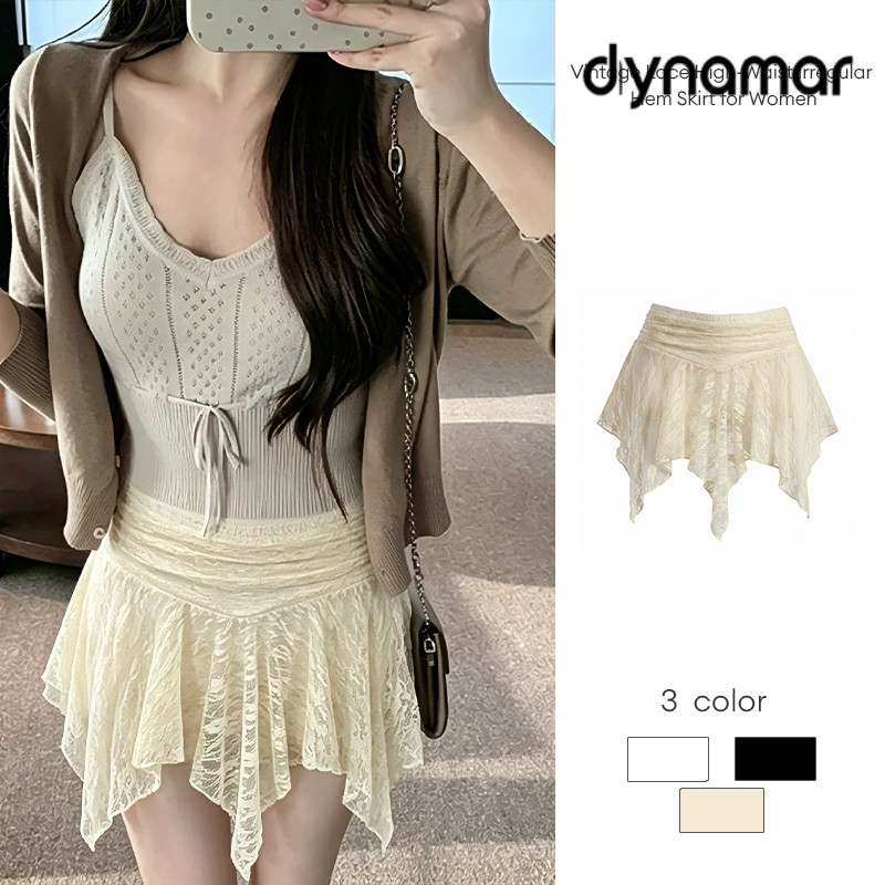【dynamar】Chân váy nữ cổ điển ren cạp cao, vạt bất đối xứng, đa năng, phong cách.