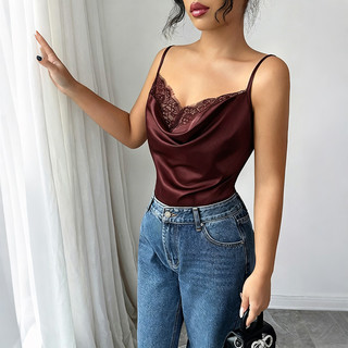 Nova-Áo tank top không tay phối ren satin dành cho nữ, cổ chữ V, dáng ôm, thời trang và gợi cảm.