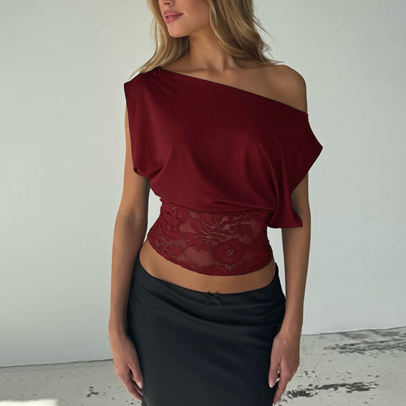 【dynamar】Áo croptop ngắn gợi cảm phối ren, trễ vai, ôm eo, màu trơn, mặc cùng quần.