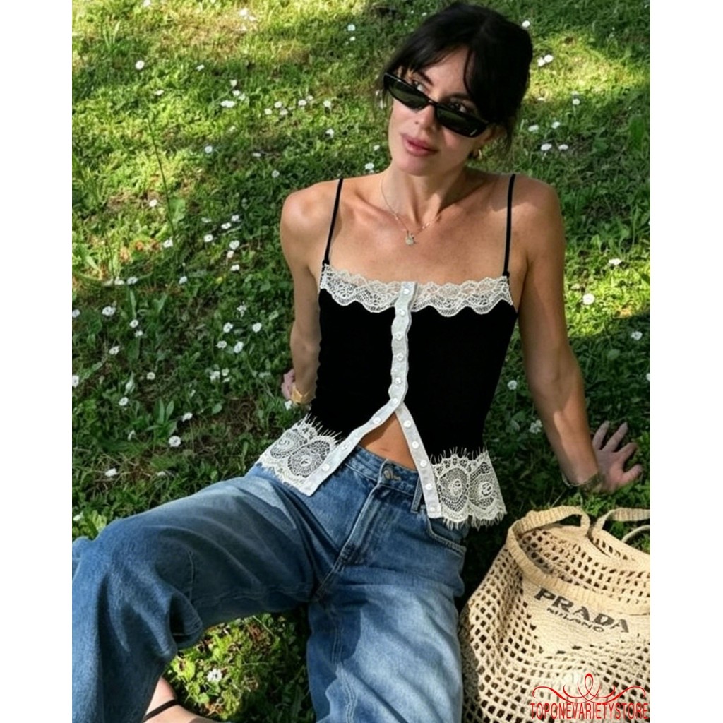 Topone-Nữ Mùa Hè Slim Camisole Nút Lên Tank Top Với Ren Viền Spaghetti Dây Đeo Áo Crop Top