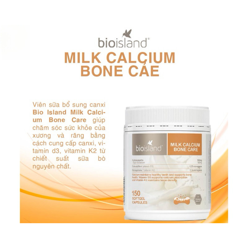 (Có nhập khẩu) Viên Uống Bổ Sung Canxi Milk Calcium Bone Care Bio Island, 150 viên