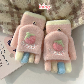Găng Tay Hở Ngón Len Lót Lông Dễ Thương, Găng Tay Len Giữ Ấm Mùa Đông Nhiều Màu Pastel Cho Bạn Nữ