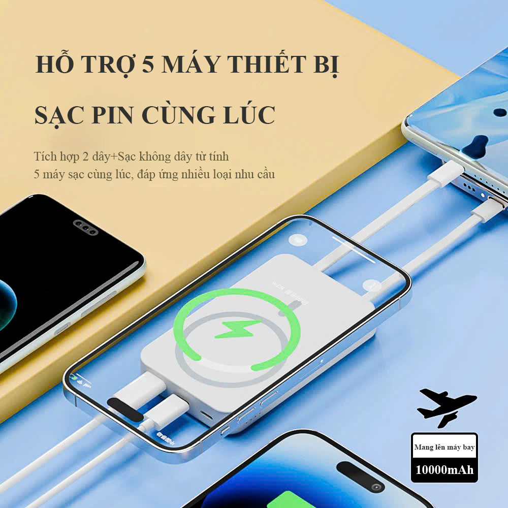 Sạc Dự Phòng Không Dây 10000mAh Tích Hợp 2 Dây Sạc Sạc Nhanh PD 22.5W Dung Lượng Lớn Tiện Mang Theo