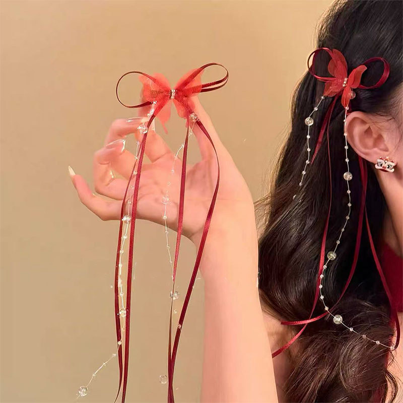 Kẹp tóc ruy băng bướm màu đỏ, ngọt ngào và tinh tế