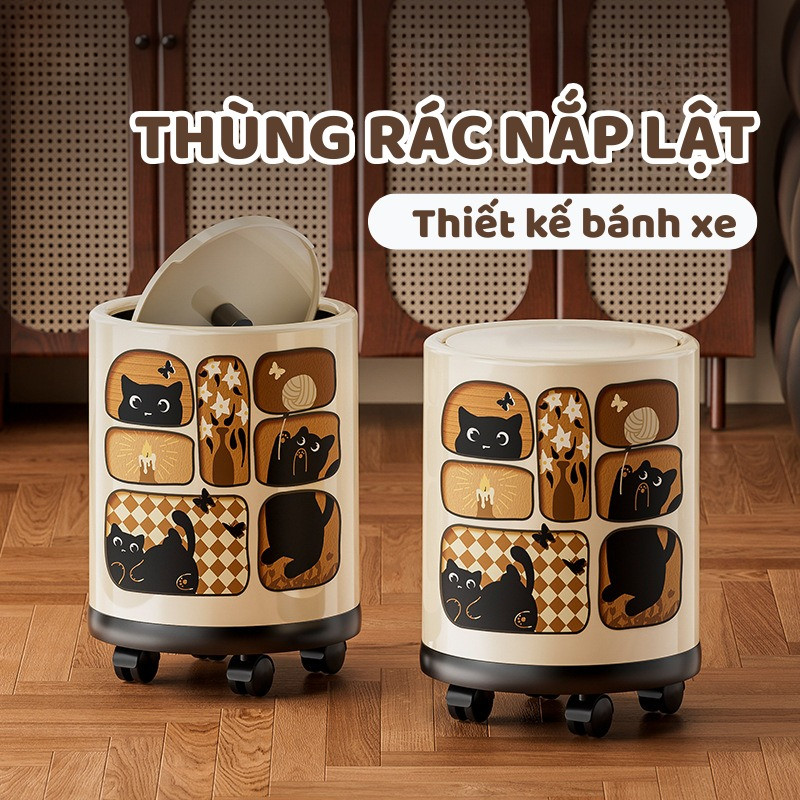 Thùng Rác Có Nắp Đậy – Họa Tiết Đáng Yêu Phong Cách Nhật Bản/Ukiyo-e, Chất Liệu Nhựa ABS Bền Đẹp DINO