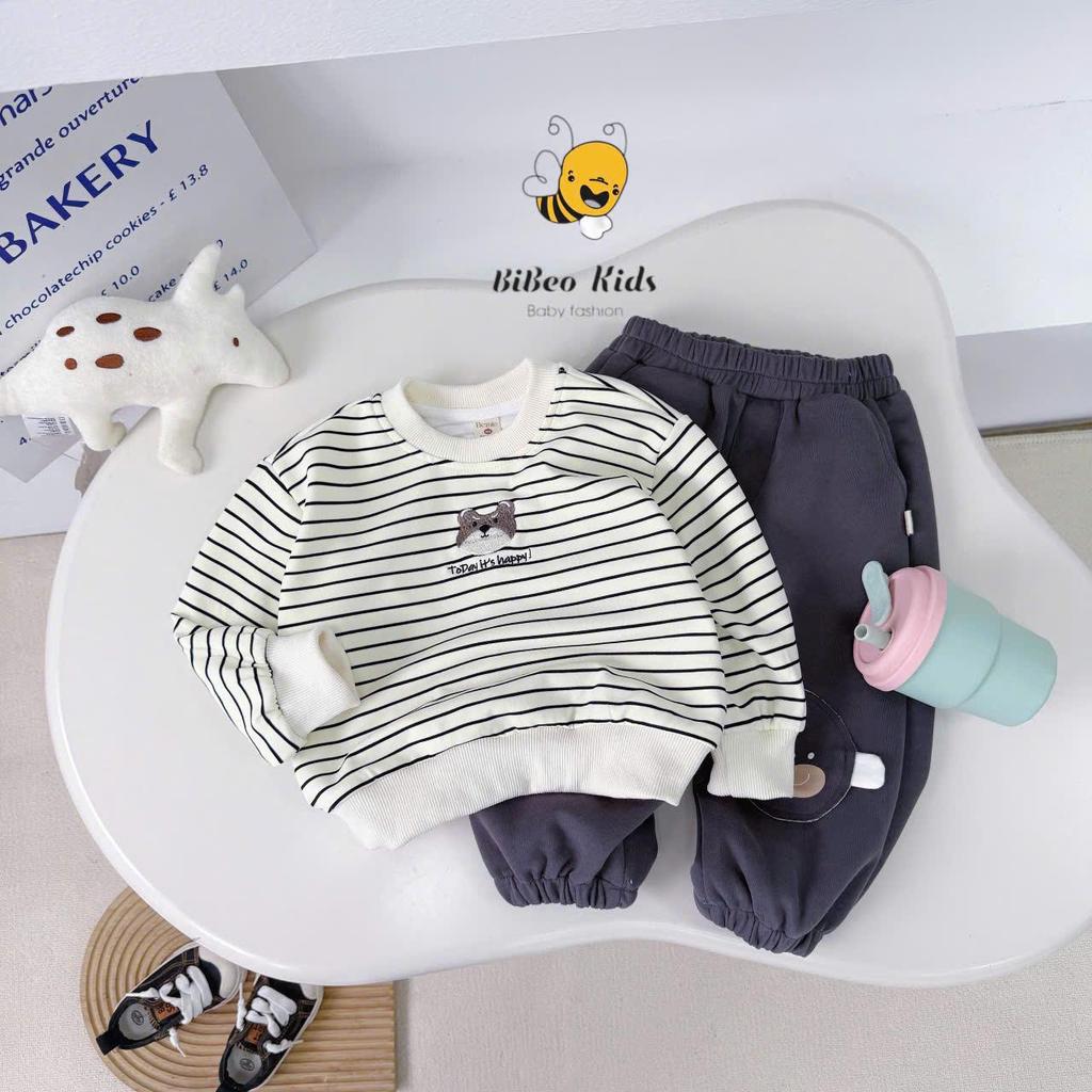 [BiBeo Kids] BỘ QUẦN ÁO NỈ KẺ NGANG TODAY HAPPYY THÊU GẤU cho bé , Bộ thể thao thu đông cho bé