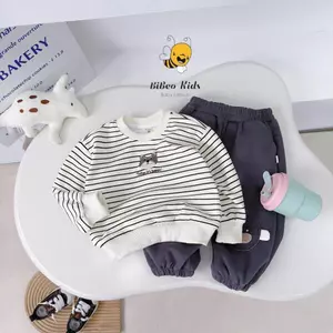 BỘ QUẦN ÁO NỈ KẺ NGANG TODAY HAPPYY THÊU GẤU cho bé , Bộ thể thao thu đông cho bé