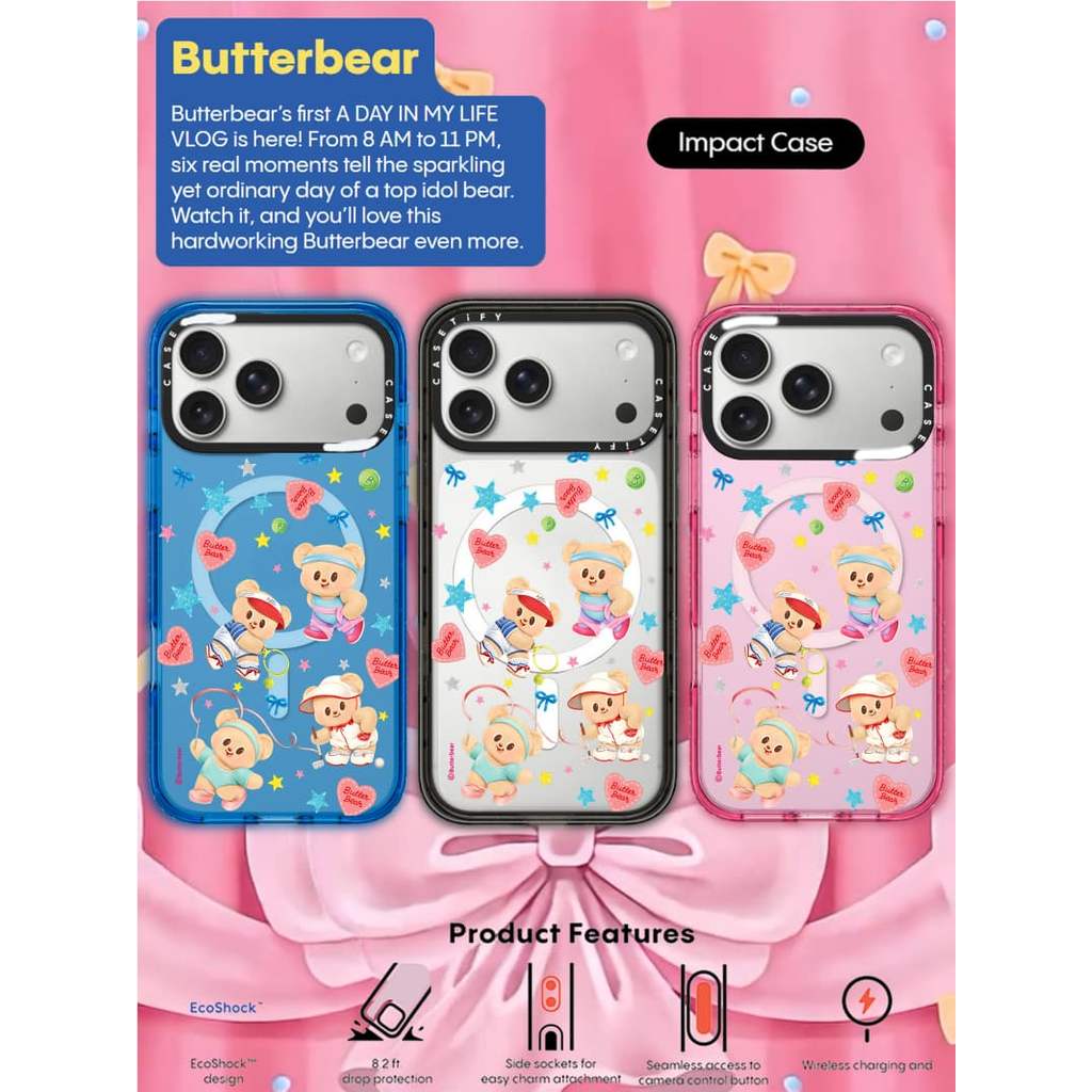 CASECASE X Butterbear at 5Pm Ốp lưng màu đen / xanh da trời / hồng Bộ sưu tập kẹo Fizz Màu sắc rõ ràng cứng từ tính Vỏ tác động cho Apple IPhone 13 14 15 16 17Pro Max Plus Có hộp