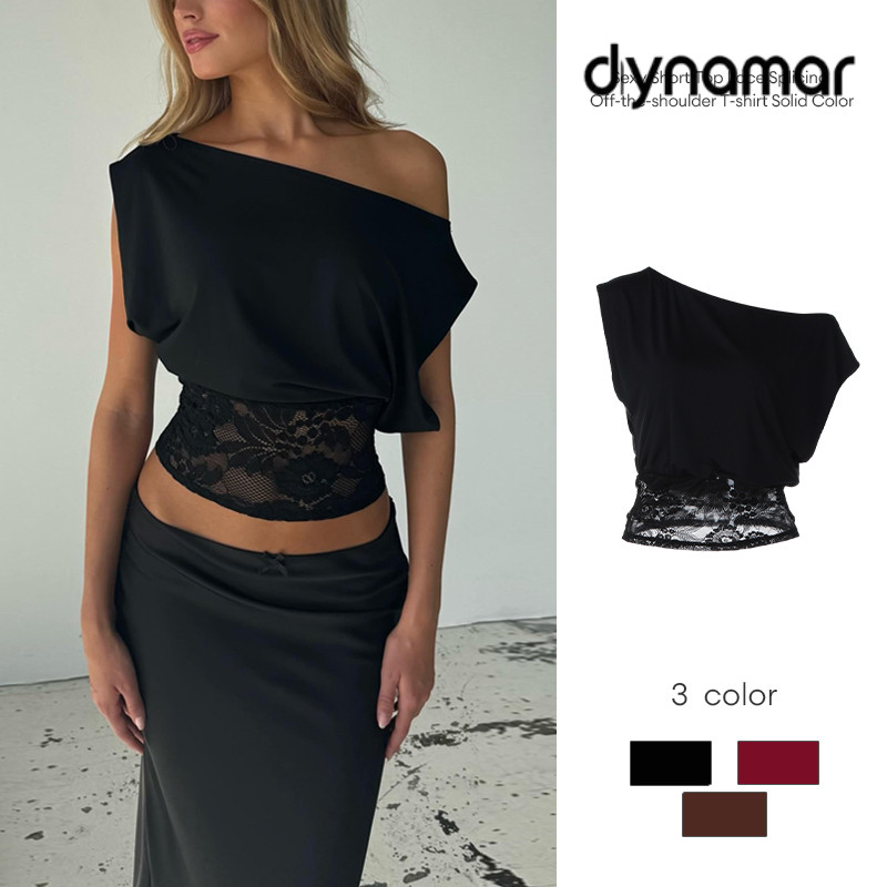 【dynamar】Áo croptop ngắn gợi cảm phối ren, trễ vai, ôm eo, màu trơn, mặc cùng quần.