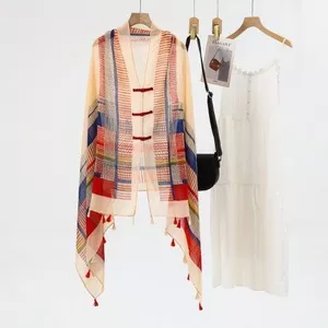 Milyfashion Mùa Hè Phong Cách Dân Tộc Thái Lan Phong Cách Dopamine Khăn Choàng Handmade Khóa Ảnh Bãi Biển Vải Lanh Cotton Mỏng Bên Ngoài Đa Năng MGYD