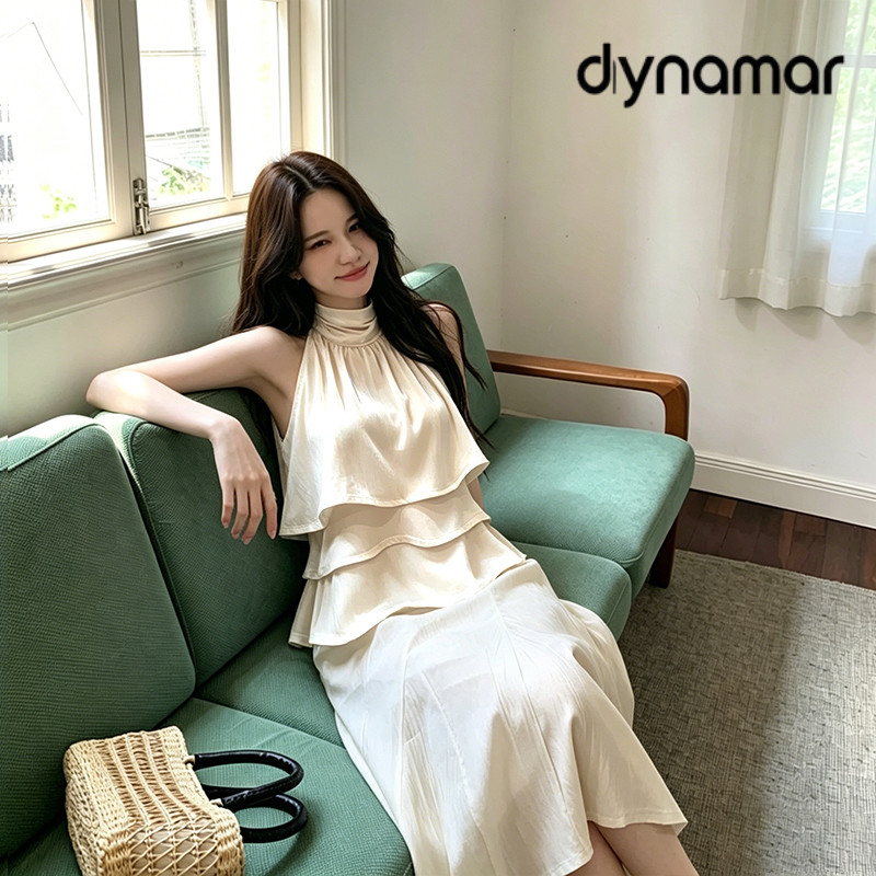 【dynamar】Áo Cami kiểu Pháp bóng bẩy dành cho nữ, viền bèo nhún, buộc dây, cổ yếm, hở lưng, không tay, dáng ôm