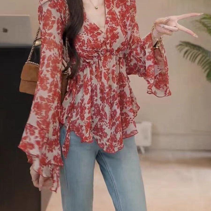 [Giảm giá trong thời gian có hạn] Áo sơ mi voan hoa cổ chữ V cổ điển dành cho nữ mùa xuân hè hẹp mỏng hơn trông đẹp hơn Kem chống nắng hàng đầu