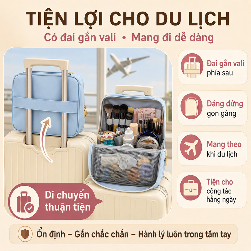 Túi Đựng Bút & Mỹ Phẩm Đa Năng Di Động – Dung Tích Lớn, Phân Vùng, Chống Thấm, Kèm Gương, Quai Xách, Du Lịch