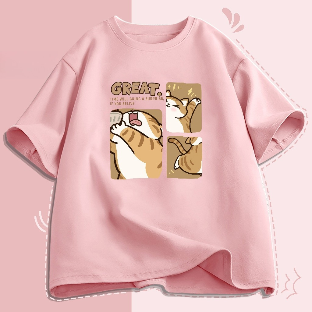 （Giao hàng 24h）Angela Áo thun Boxy form rộng Nam Nữ Unisex Họa tiết mèo hoạt hình dễ thương áo thun xịn 100% cotton