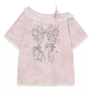 Preppy Phong Cách Off-the-Shoulder Nơ In Hình Áo Thun Ngắn Tay Nữ Giảm Tuổi Tất Cả Trận Đấu Thiết Kế Rời F
