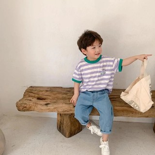 Trẻ Em Slub Cotton Thoải Mái Thoáng Khí Sọc Ngắn Tay Bé Trai Màu Sắc Tương Phản Nửa Tay Top Mùa Hè Bé Gái Đáy Áo Sơ Mi