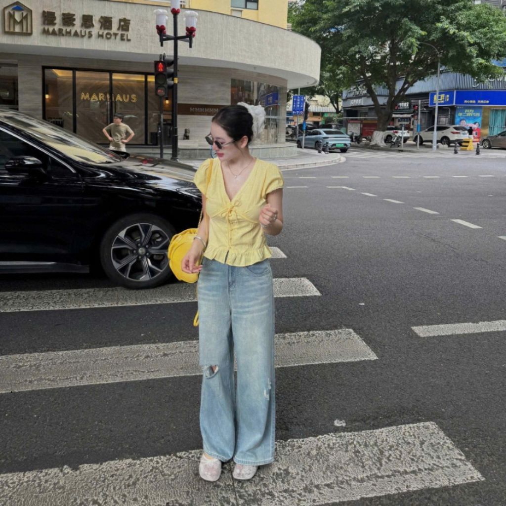 Áo Sơ Mi Đũi Cổ Tim Phối Ren Có Nơ Dáng Babydoll, Áo Sơ Mi Nữ Kiểu Xinh Style Hàn Quốc MMA119 - SamHi Closet