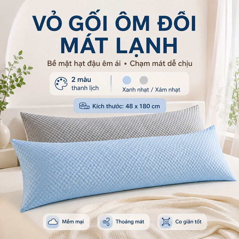 Vỏ Gối Đôi Cảm Giác Mát – Họa Tiết Chấm Bi Nổi, Vải Mềm Thoáng Khí, Kích Thước 48x180cm, Cao Cấp