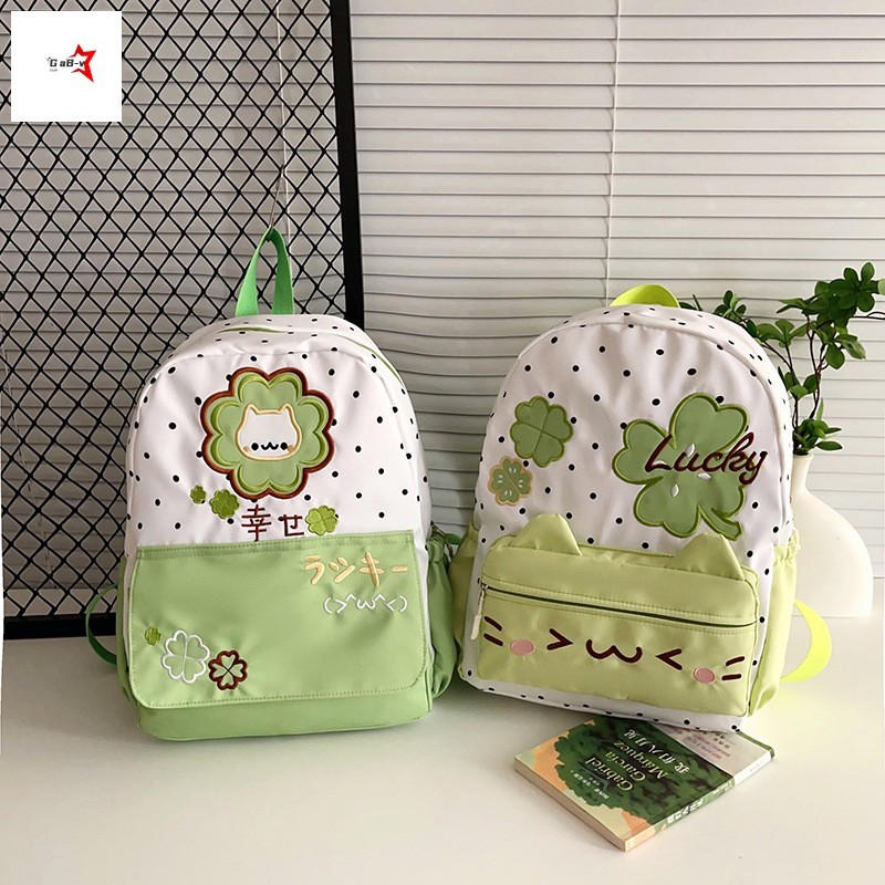 Ba lô hoạt hình cỏ ba lá Polka Dot - Túi đi học dung tích lớn dành cho học sinh đi học