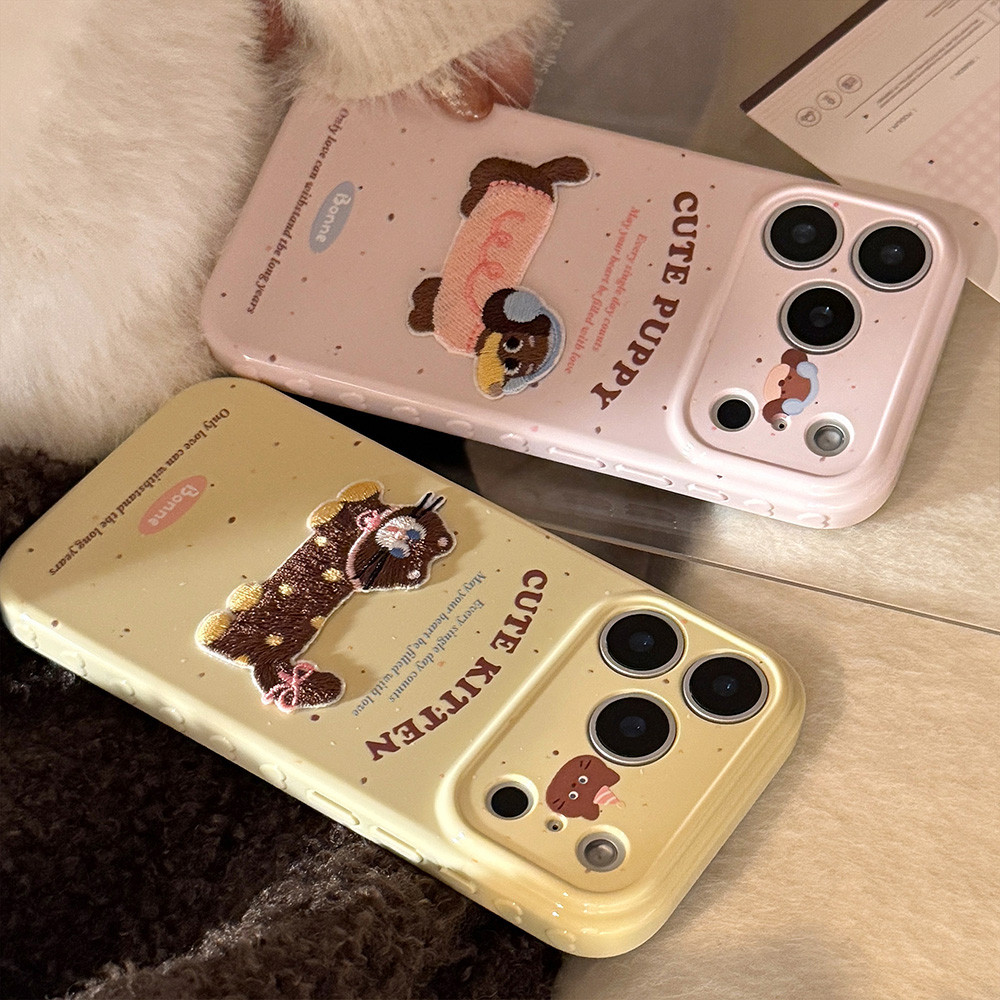 Ốp điện thoại hình chú chó mèo thêu 3D hình trái tim tình yêu cho iPhone 17 Pro Max 16 15 14 13 12 Vỏ bảo vệ chống sốc