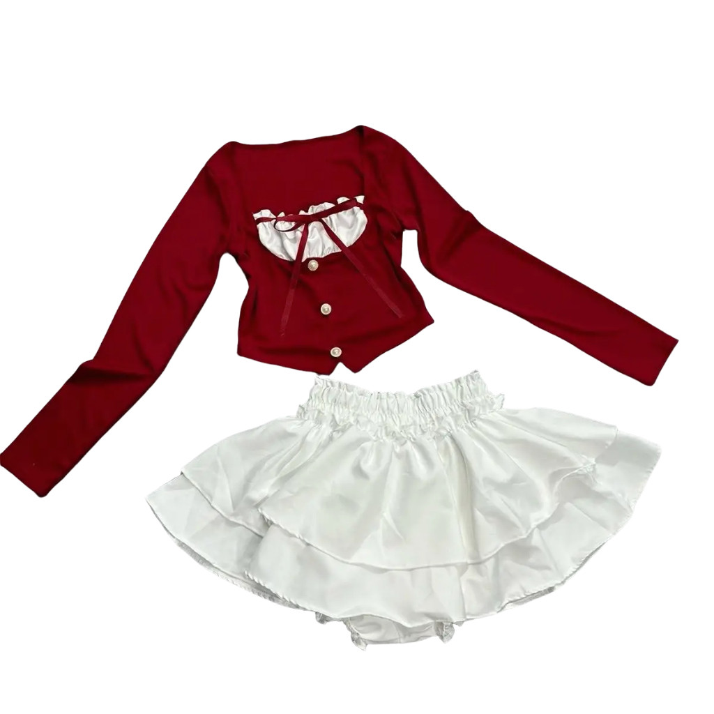 [ SB-150 ] Sét bộ 2 món áo babydoll thắt nơ phối chân váy lưng thun eo 58-75cm Free Size dưới 54kg hot top Kem Women