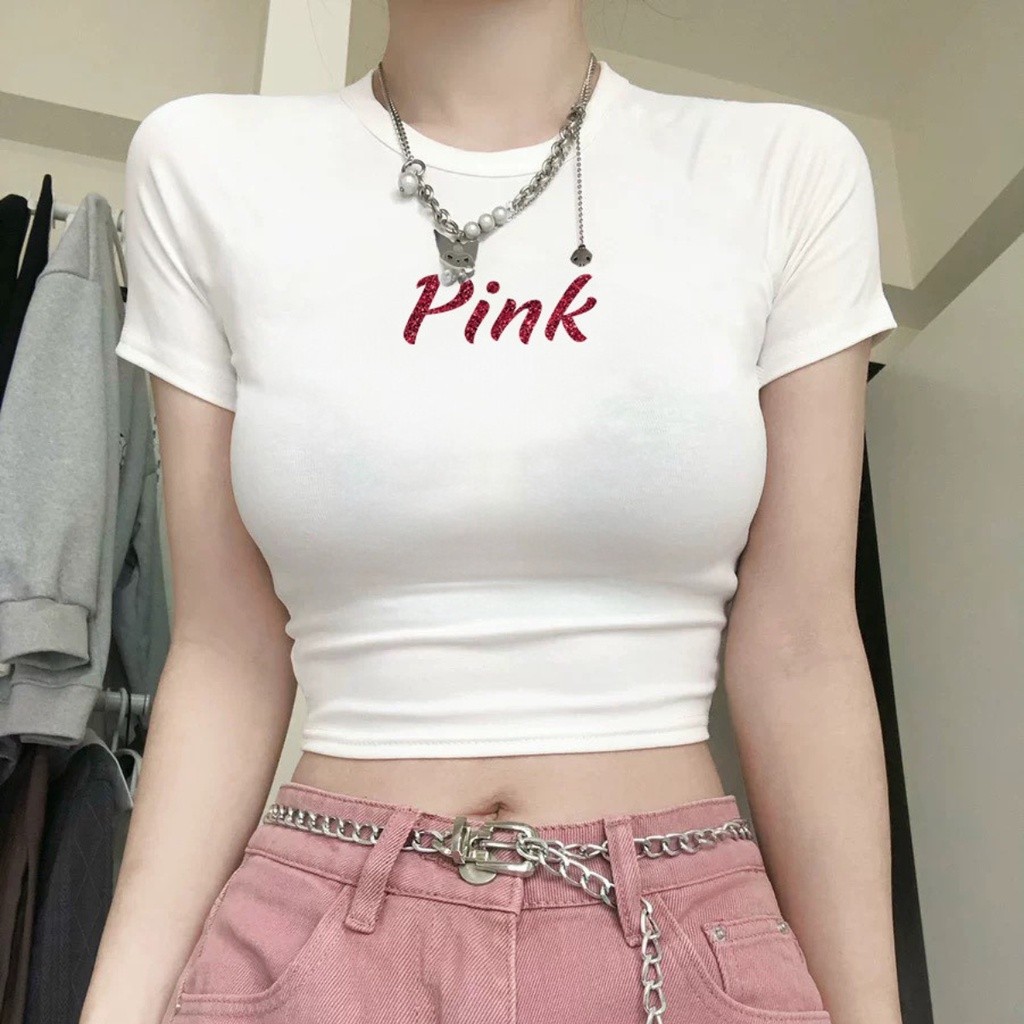 Áo Croptop Tay Ngắn  In Chữ Pink Lấp Lánh A51007