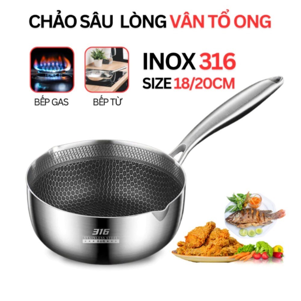 Chảo Chống Dính Vân Tổ Ong Sâu Lòng Chất Liệu Inox 316 Đường Kính 18cm Dùng Cho Mọi Loại Bếp, Chống Xước Chống Gỉ