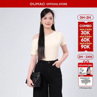 Áo thun nữ GUMAC lệch vai dáng ôm nhẹ có xếp ly vai và đính nút hình nơ  LATF1101