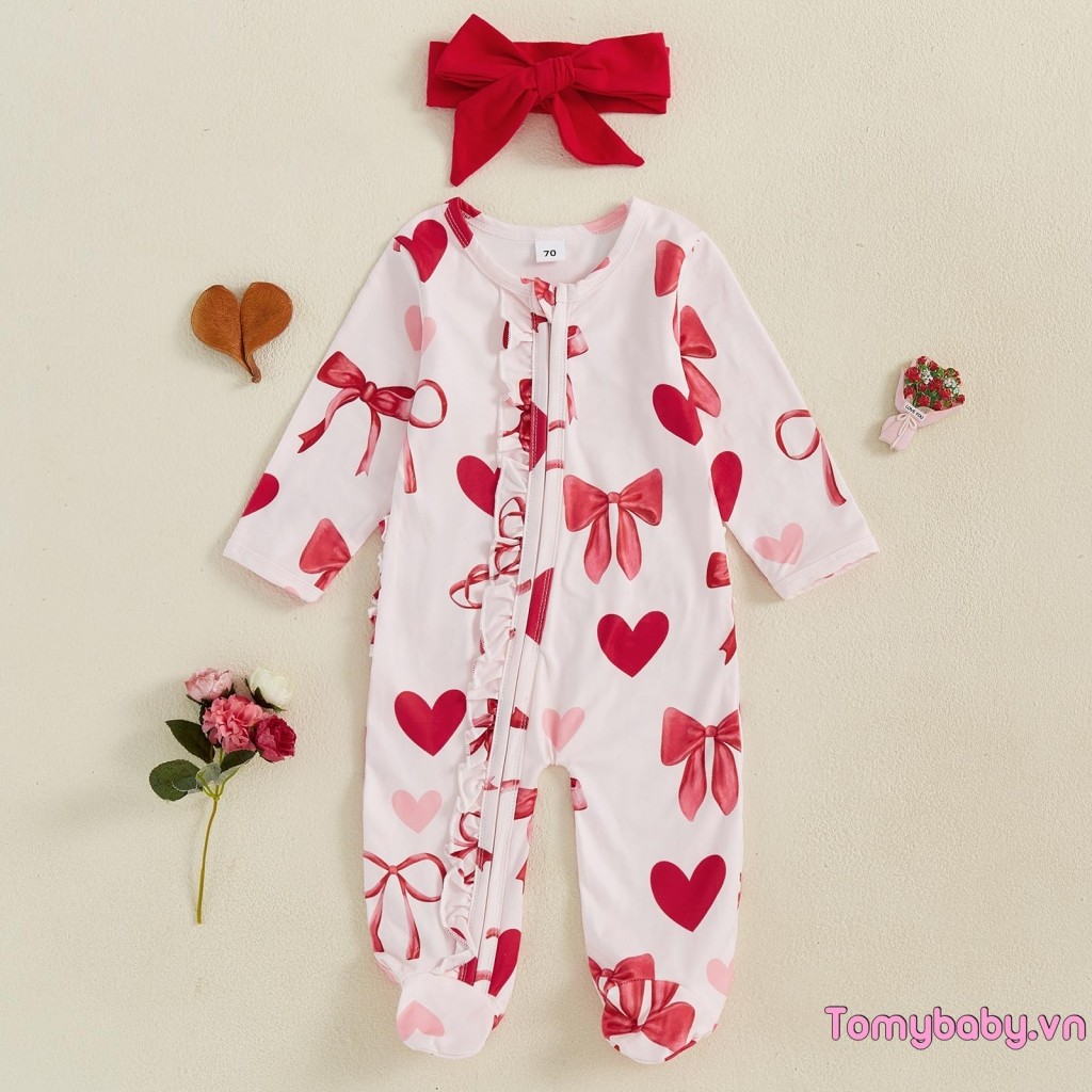 Bộ áo liền quần dài tay cổ tròn in hình trái tim cho bé gái có băng đô