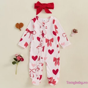 Bộ áo liền quần dài tay cổ tròn in hình trái tim cho bé gái có băng đô