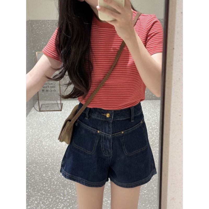 [Hàng mới về] [Sọc trắng] Áo thun ngắn tay dáng ôm phong cách Hàn Quốc dành cho nữ Siêu Hot Slimer Look Top