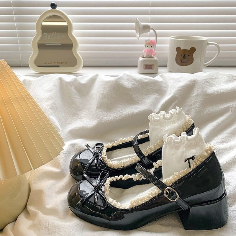 Giày Mary Jane Nữ Gót Cao 4.5cm Da Bóng Đính Nơ Êm Chân Style Ulzzang Hàn Quốc