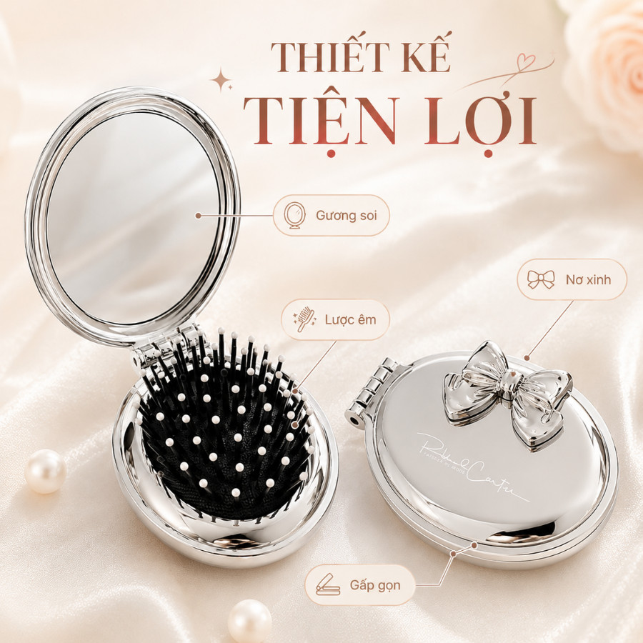 Lược Gấp Gọn Kèm Gương Soi Mini, Gương Lược Bỏ Túi Hình Nơ Sang Chảnh, Phụ Kiện Chải Tóc Trang Điểm