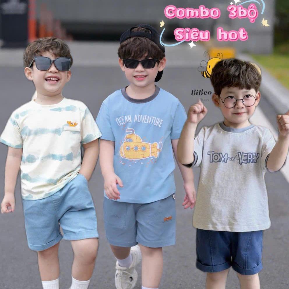[COMBO 3 Bộ quần áo]  cộc tay  TOM JERY & TÀU NGẦM & LOANG CUA, quần Bò áo chất COTTON 4 chiều siêu co giãn  cho bé trai