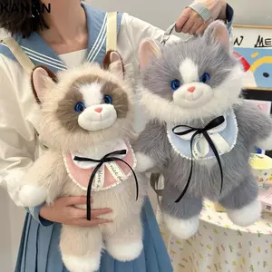 KANGN Mô Phỏng Ba Lô Mèo Sang Trọng, Ba Lô Ragdoll Sang Trọng Dung Tích Nhỏ Mềm Mại, Kawaii Hoạt Hình Dễ Thương Con Rối Túi Đeo Vai Mèo Lưu Trữ Du Lịch