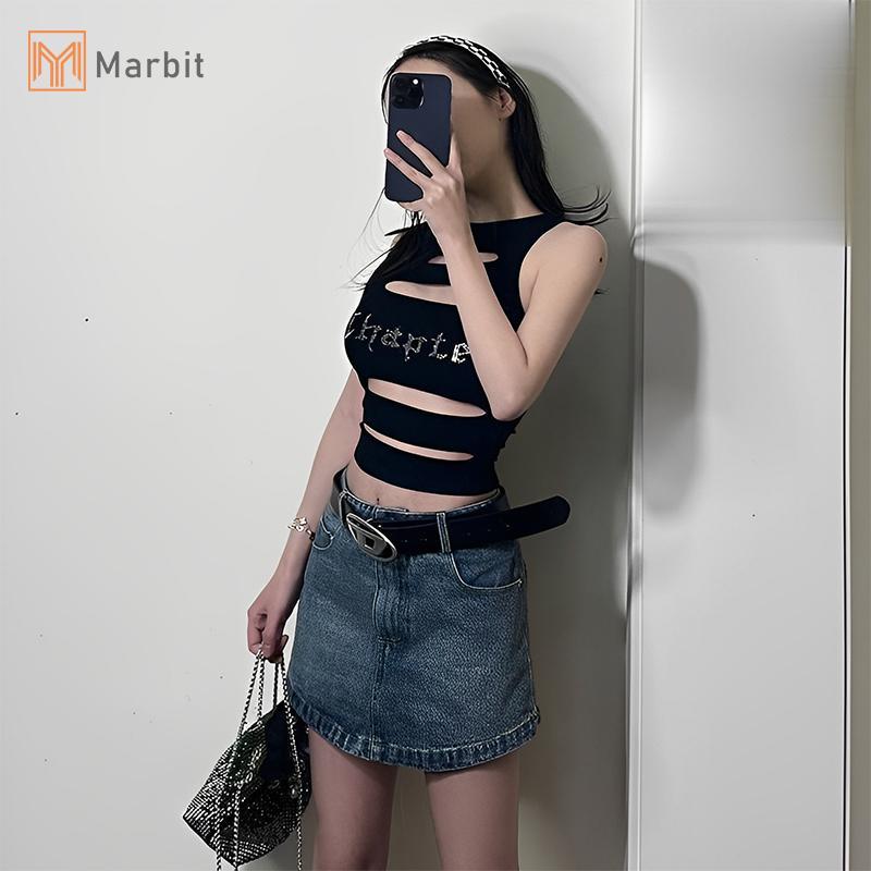 Marbit Nữ Thời Trang Y2K Dạo Phố Thời Trang Không Đều Rỗng Ra Cổ Tròn Gợi Cảm Chặt Tay Crop Tank Tops Mới