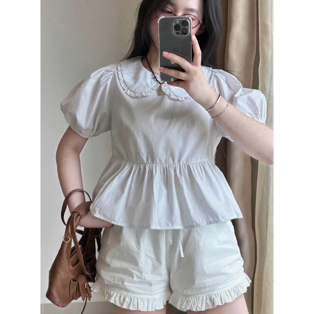 (ẢNH OLDSCHOOL) Áo babydoll lá cổ sen dáng ngắn tay phồng A596 BORA TOP