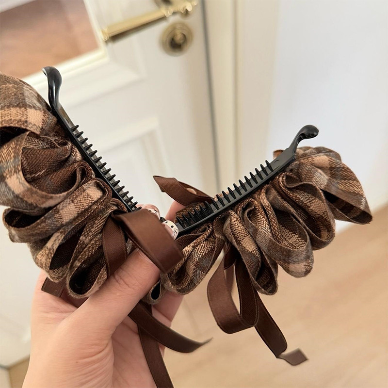Kẹp Tóc Vải Kẻ Sọc Có Nơ - Phù Hợp Cho Season Thu Đông Và Streamer