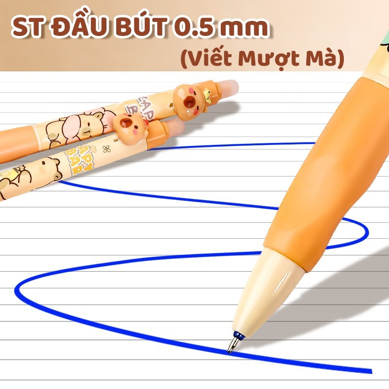 Bút mực xoá được họa tiết Capybara cute – Bút gel ngòi 0.5mm mực xanh, viết êm không mỏi tay, lý tưởng cho học sinh dùng