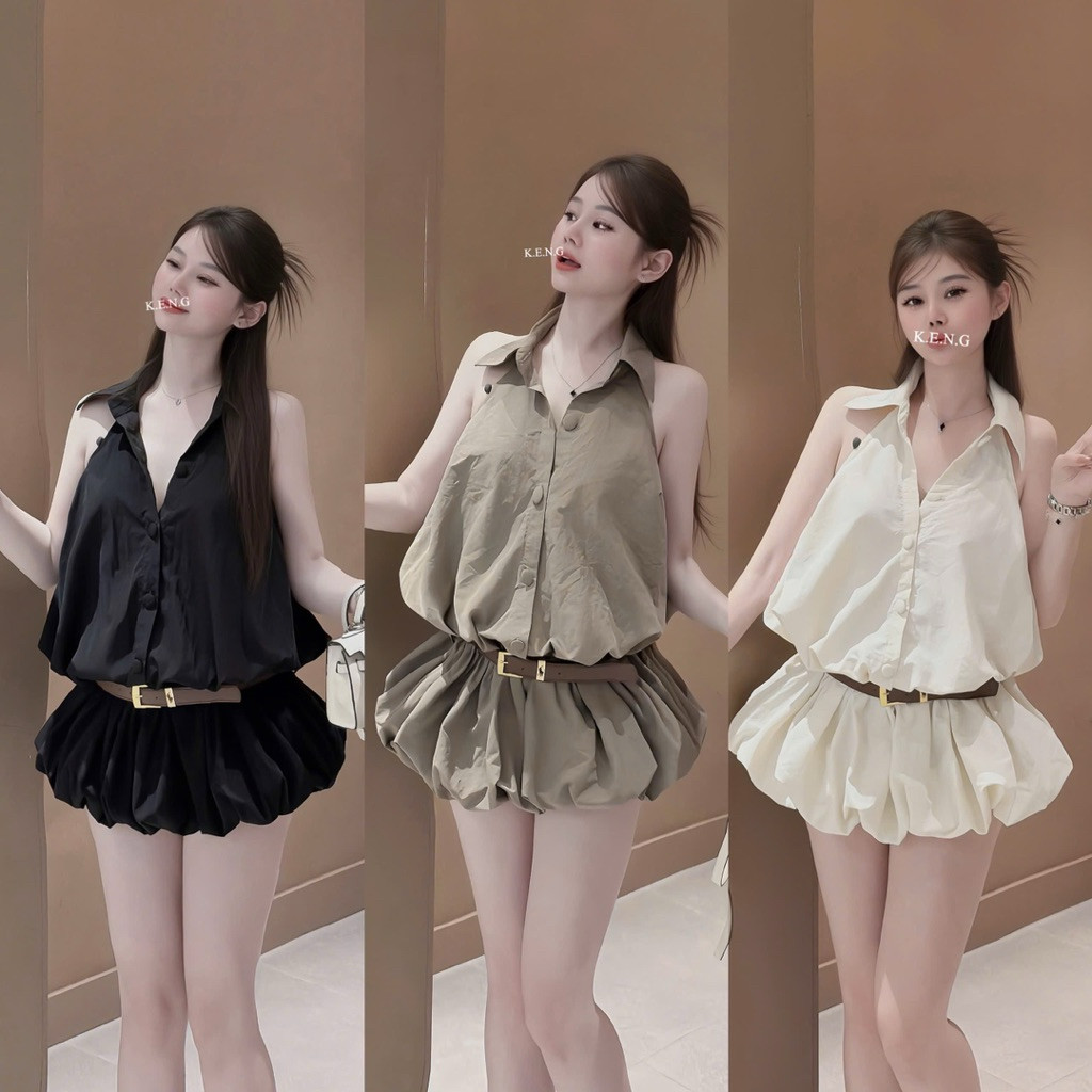 Đầm cổ yếm khuy bọc kèm đai chân xoè bồng siêu đẹp BYJOLIE