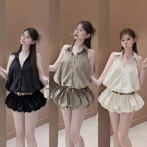 Đầm cổ yếm khuy bọc kèm đai chân xoè bồng siêu đẹp BYJOLIE