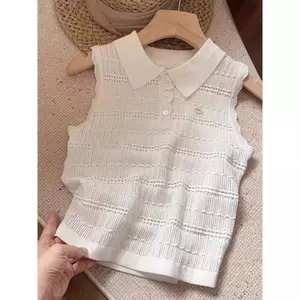 Áo len dệt kim màu trắng rỗng đi lại mùa hè Áo len dệt kim không tay
