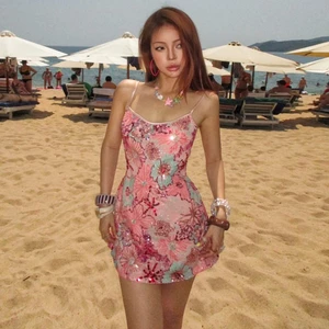 Cutenew Sequins In Mini Váy Sling Bodycon Tắt Vai Xuất Hiện Cao Hơn Thẩm Mỹ Mùa Hè Y2K Cay Bé Gái Mặc