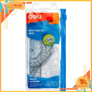 Bộ Thước 4 Món Deli E9597 Hộp Sắt Cao Cấp – Bộ Dụng Cụ Học Sinh Trong Suốt, Bền Đẹp, Tiện Lợi