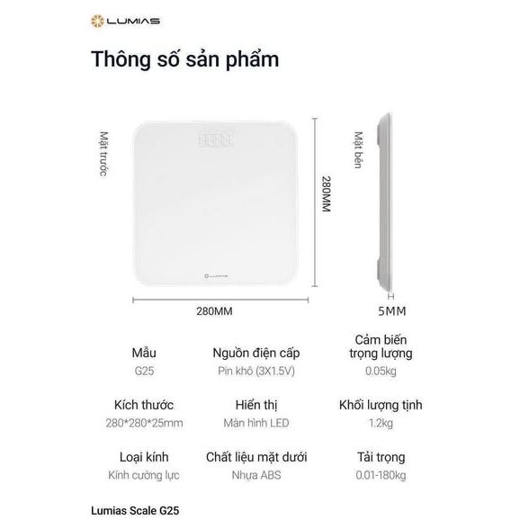 Cân Điện Tử Lumias Scale G25 Cao Cấp, Kính Cường Lực 5mm, Pin AAA, Bảo Hành 24 Tháng
