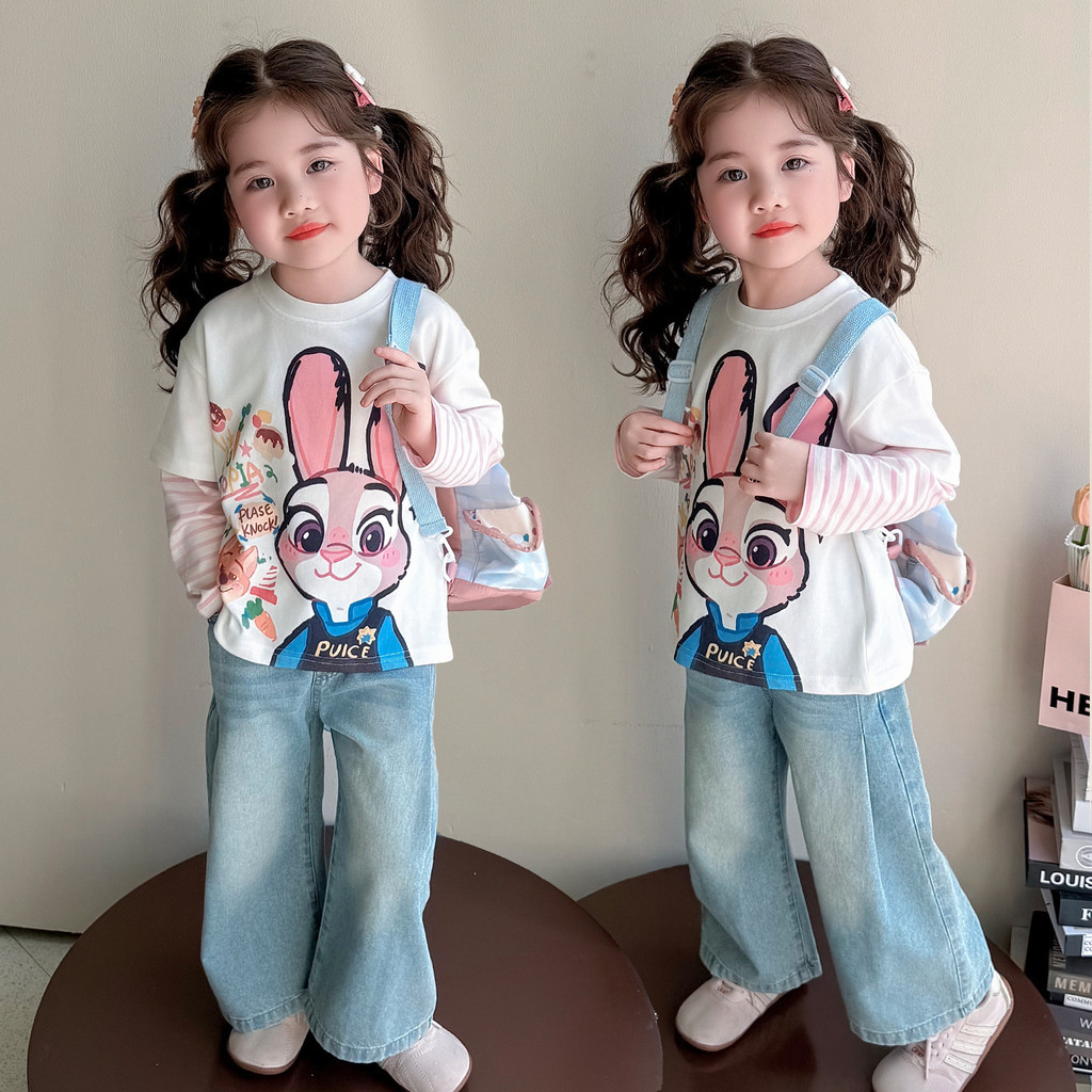 Áo thun hai mảnh hoạt hình cho bé gái Áo sơ mi đáy dài tay mùa xuân 90-140 Size HS6H